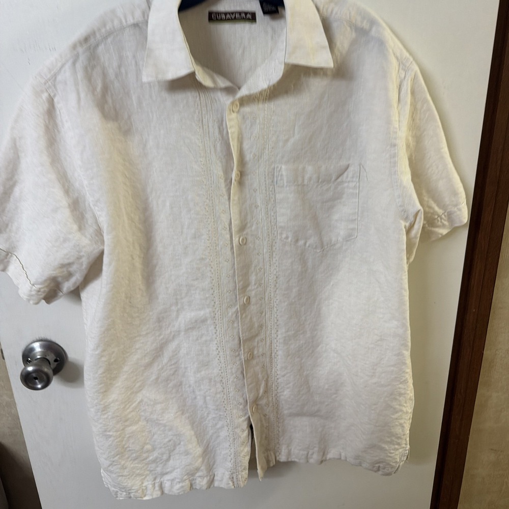 Cubavera Button Up Shirt Adult L Beige Short Sleeve Casual Camp Mens.